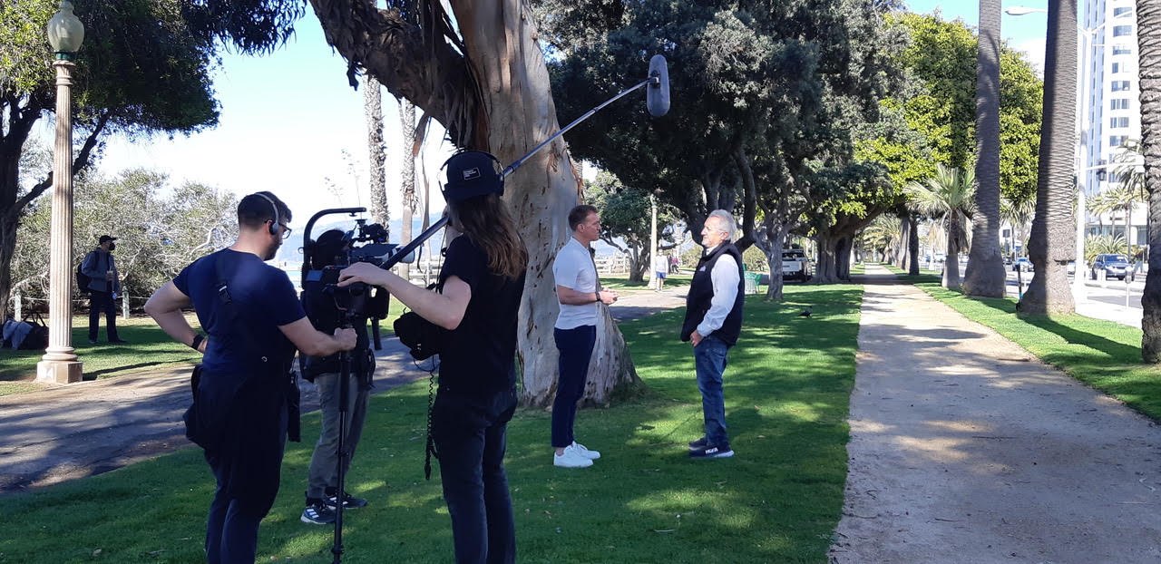 The Going Dry crew filming on location, Andy Ramage interviewing to camera